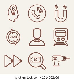 Set of 9 technology outline icons such as ringing phone in circle outlined