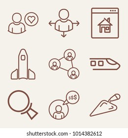 Set of 9 technology outline icons such as standing rocket outlined