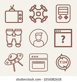 Set of 9 technology outline icons such as binoculars, flying saucer outlined