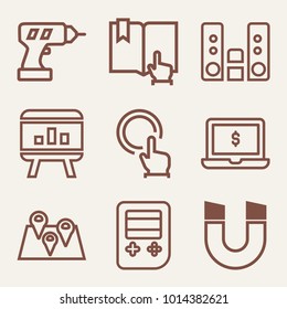 Set of 9 technology outline icons such as hand drill machine with battery outlined