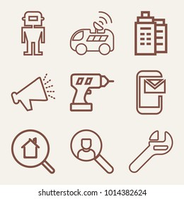 Set of 9 technology outline icons such as car with satellite outlined