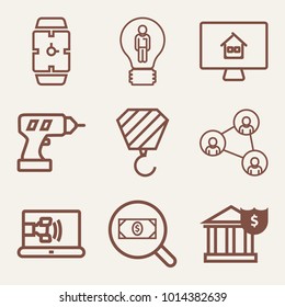 Set of 9 technology outline icons such as wrist watch outlined