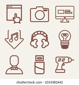 Set of 9 technology outline icons such as hand drill machine with battery outlined