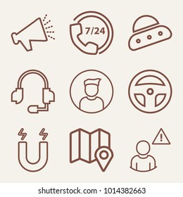 Set of 9 technology outline icons such as headphones with microphone outlined
