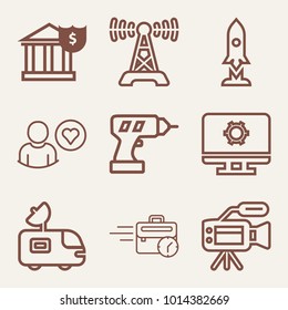 Set of 9 technology outline icons such as hand drill machine with battery outlined