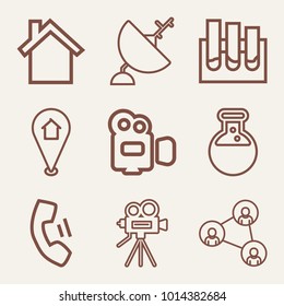 Set of 9 technology outline icons such as vintage video camera on tripod outlined