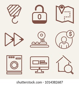 Set of 9 technology outline icons such as washing machine outlined