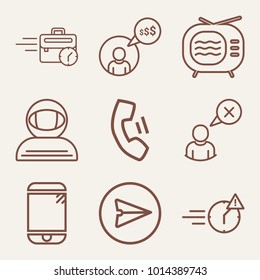 Set of 9 technology outline icons such as switched television with antenna outlined