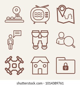 Set of 9 technology outline icons such as binoculars, switched television with antenna outlined