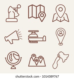 Set of 9 technology outline icons such as helicopter, axe outlined
