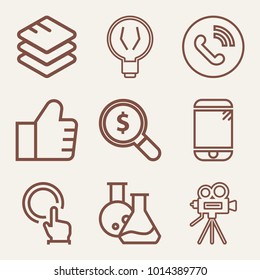 Set of 9 technology outline icons such as vintage video camera on tripod outlined