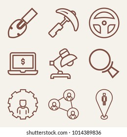 Set of 9 technology outline icons such as laptop with price tag outlined