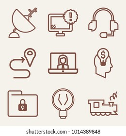 Set of 9 technology outline icons such as satellite outlined