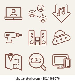 Set of 9 technology outline icons such as paying with plastic card outlined