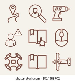 Set of 9 technology outline icons such as flying military plane, hand drill machine with battery outlined