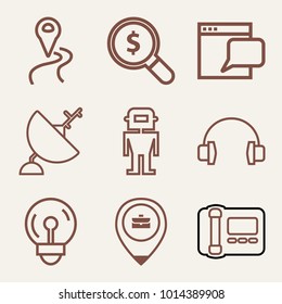 Set of 9 technology outline icons such as satellite outlined