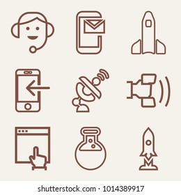 Set of 9 technology outline icons such as satellite, standing rocket outlined