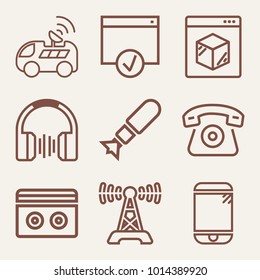 Set of 9 technology outline icons such as car with satellite outlined, touchscreen smart phone outlined