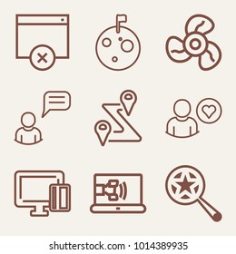 Set of 9 technology outline icons such as moon surface with craters and flag outlined