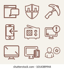 Set of 9 technology outline icons such as warning on the desktop monitor outlined