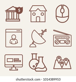 Set of 9 technology outline icons such as playing radio outlined