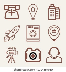 Set of 9 technology outline icons such as vintage video camera on tripod outlined