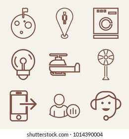 Set of 9 technology outline icons such as helicopter, moon surface with craters and flag outlined