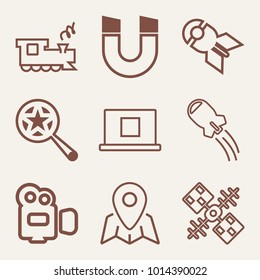 Set of 9 technology outline icons such as falling nuclear bomb, satellite outlined
