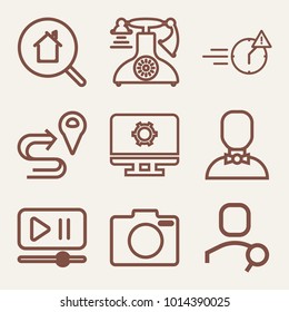 Set of 9 technology outline icons such as ringing retro telephone outlined