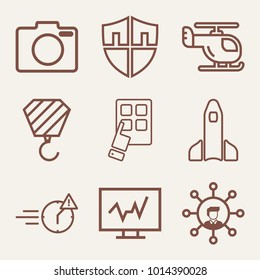 Set of 9 technology outline icons such as standing rocket outlined