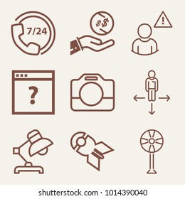 Set of 9 technology outline icons such as falling nuclear bomb, earning money outlined