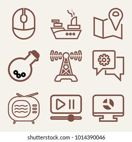 Set of 9 technology outline icons such as floating war vessel, switched television with antenna outlined
