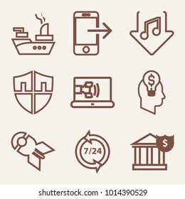 Set of 9 technology outline icons such as falling nuclear bomb, floating war vessel, business idea outlined