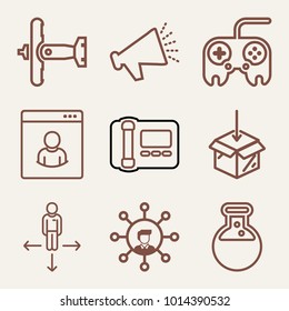 Set of 9 technology outline icons such as flying military plane, networking outlined