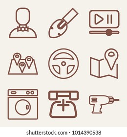 Set of 9 technology outline icons such as drill outlined