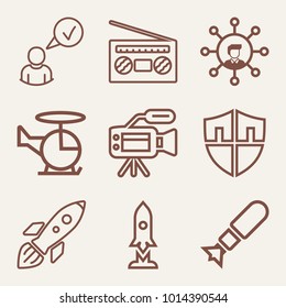 Set of 9 technology outline icons such as playing radio outlined, launched space shuttle outlined