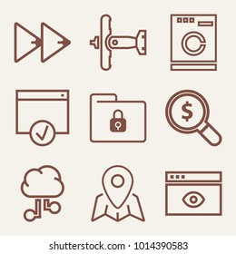 Set of 9 technology outline icons such as flying military plane, washing machine outlined