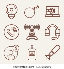 Set of 9 technology outline icons such as remote control outlined, ringing phone in circle outlined