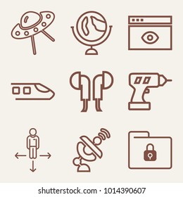 Set of 9 technology outline icons such as satellite, flying saucer outlined