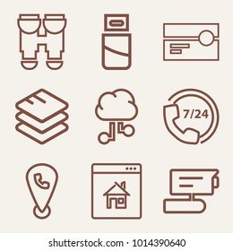 Set of 9 technology outline icons such as binoculars, vintage cassette tape outlined