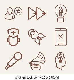 Set of 9 technology outline icons such as falling nuclear bomb, playing gramophone outlined