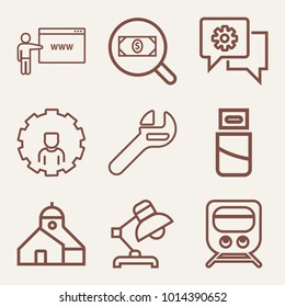 Set of 9 technology outline icons such as wrench outlined