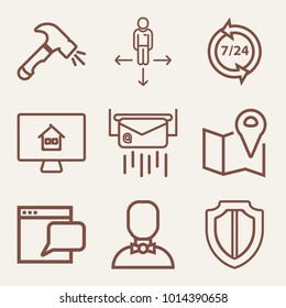 Set of 9 technology outline icons such as hammer  outlined