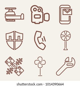Set of 9 technology outline icons such as helicopter, satellite outlined
