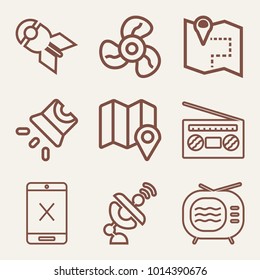 Set of 9 technology outline icons such as falling nuclear bomb, satellite, playing radio outlined