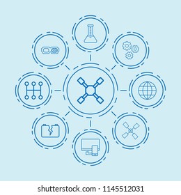 Set of 9 technology outline icons such as windmill, gear, car broken battery, wheel wrench, mechanical transmission, globe, 3d glasses, pc
