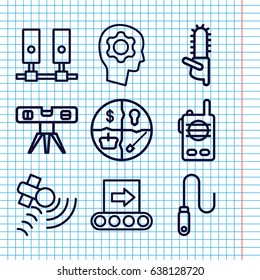 Set of 9 technology outline icons such as level ruler, chainsaw, satellite, wire, gear in head, conveyor, walkie talkie, server