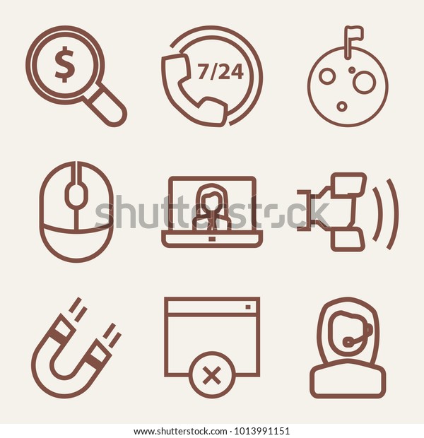 Set of 9 technology outline icons such as\
moon surface with craters and flag\
outlined