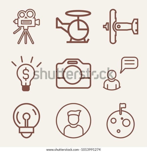 Set of 9
technology outline icons such as flying military plane, vintage
video camera on tripod
outlined