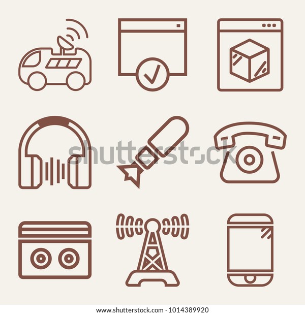 Set of 9 technology\
outline icons such as car with satellite outlined, touchscreen\
smart phone outlined